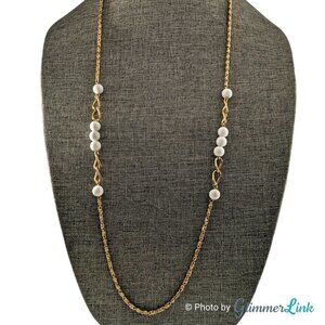 Vintage White Station Lucite Bead Scroll Link Gold Tone Chain Necklace